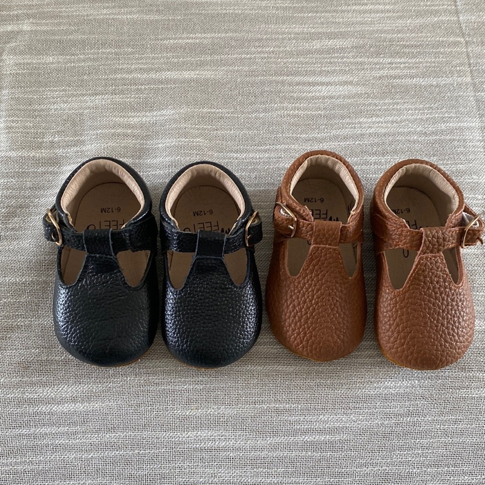 Black and Weathered Brown Basic Neutral Monkey Feet Mary Jane T Straps 6-12mo